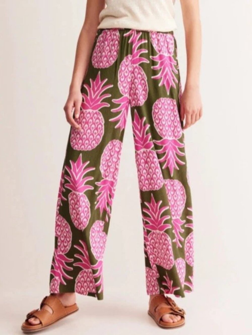 Boden Wide Leg Pull on Pants Women's US 14 Crinkle Pineapple Print Vacation